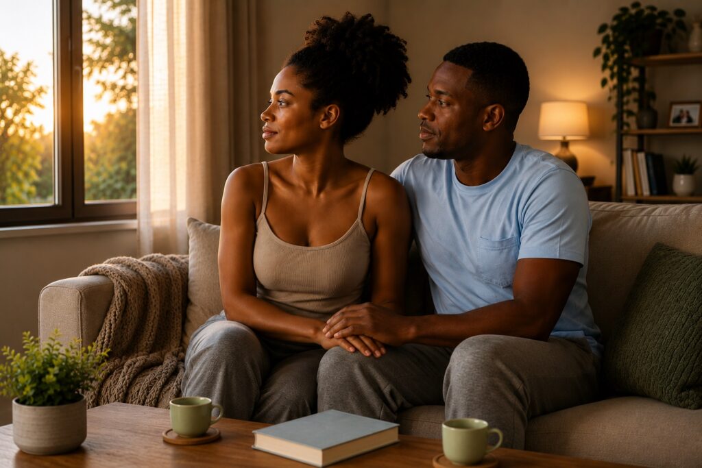 Casal de mãos dadas no sofá, representando a reconstrução da confiança, da intimidade e do desejo após experiências de trauma emocional.