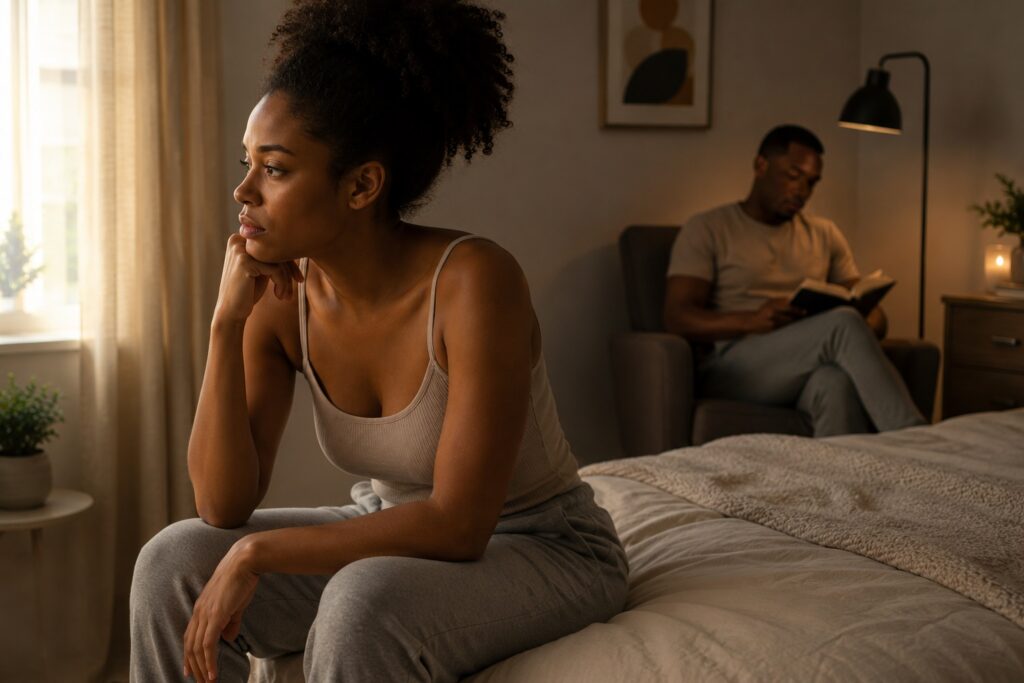 Mulher sentada na cama olhando pela janela enquanto o parceiro lê ao fundo, representando trauma emocional e desejo sexual diante da dificuldade de intimidade.