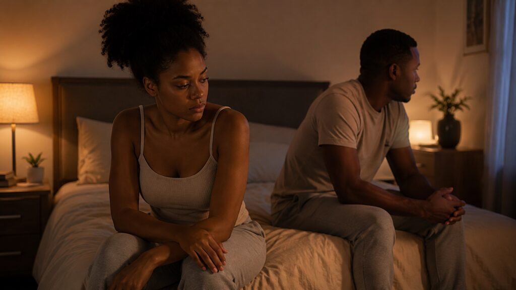 Casal sentado na cama, demonstrando distanciamento emocional e dificuldade de intimidade causada por trauma emocional e desejo sexual.
